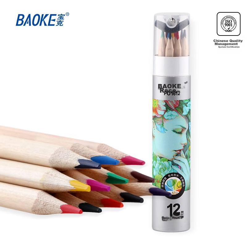 BAOKE PO1612 Natural Wood Oil-Based 12-Color Triangular Barrel Colored Pencils, Vibrant Colors, Drawing Pencils in Paper Tube, Essential for Students' Back-To Supplies
