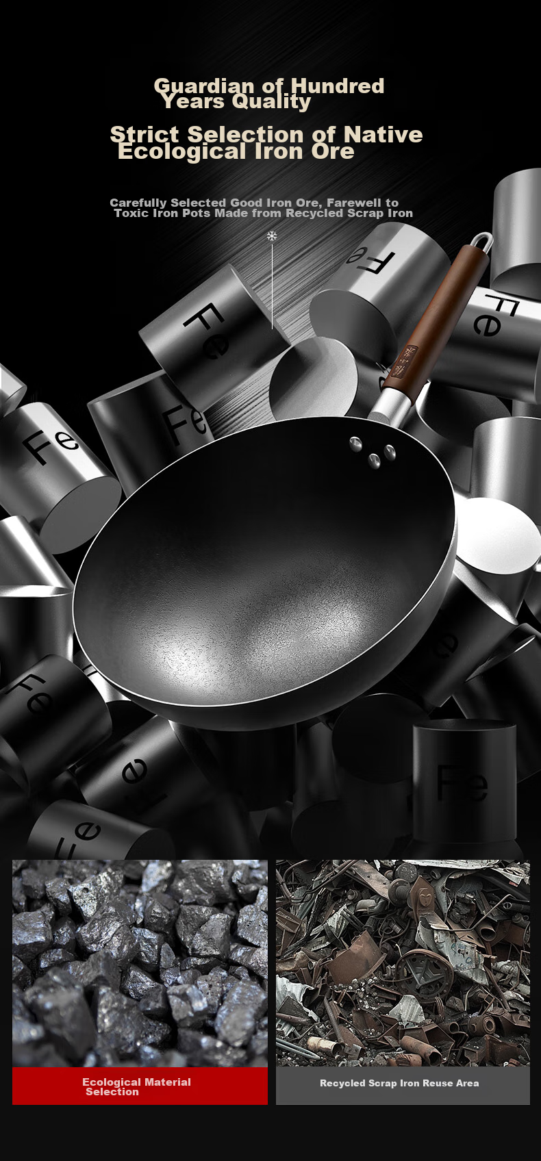 Zhangxiaoquan Snowflake Pattern Black Diamond Similar Style Non-Coated All-Purpose Anti-Scalding Wok Iron Pan 32cm with Lid 15