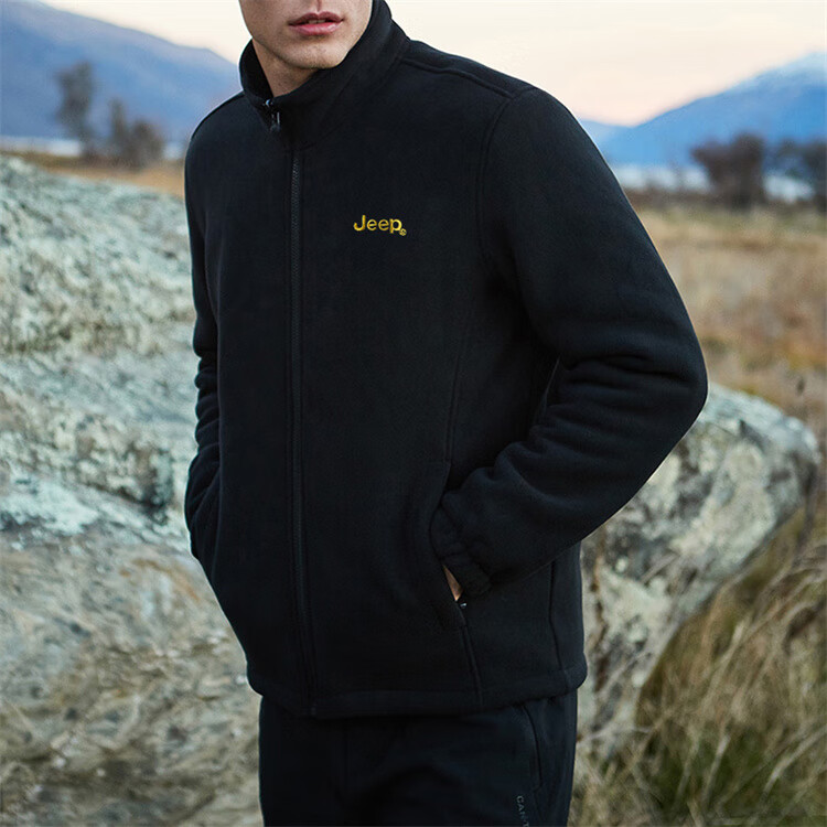 JEEP Men's Jacket, Trendy Simple Stand-Collar Fleece Jacket with Embroidery, Men's Fleece Coat 085, Black, M 11
