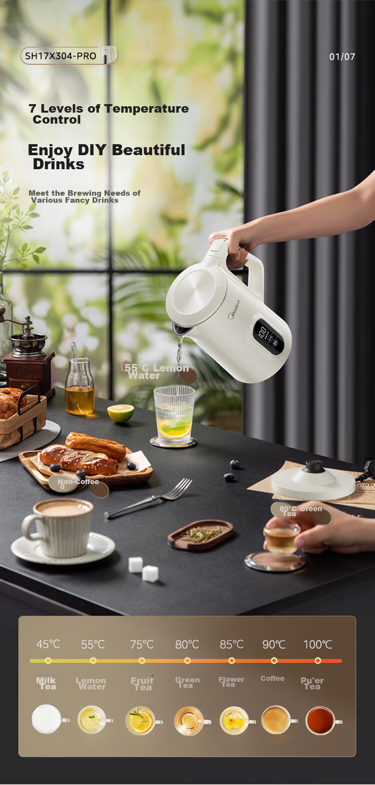 Midea Electric Kettle with Automatic Shut-Off And Temperature Control, 316L Stainless Steel, Baby-Safe Grade, 7 Temperature Settings, 1.7L Large Capacity, 17X304-PRO 3