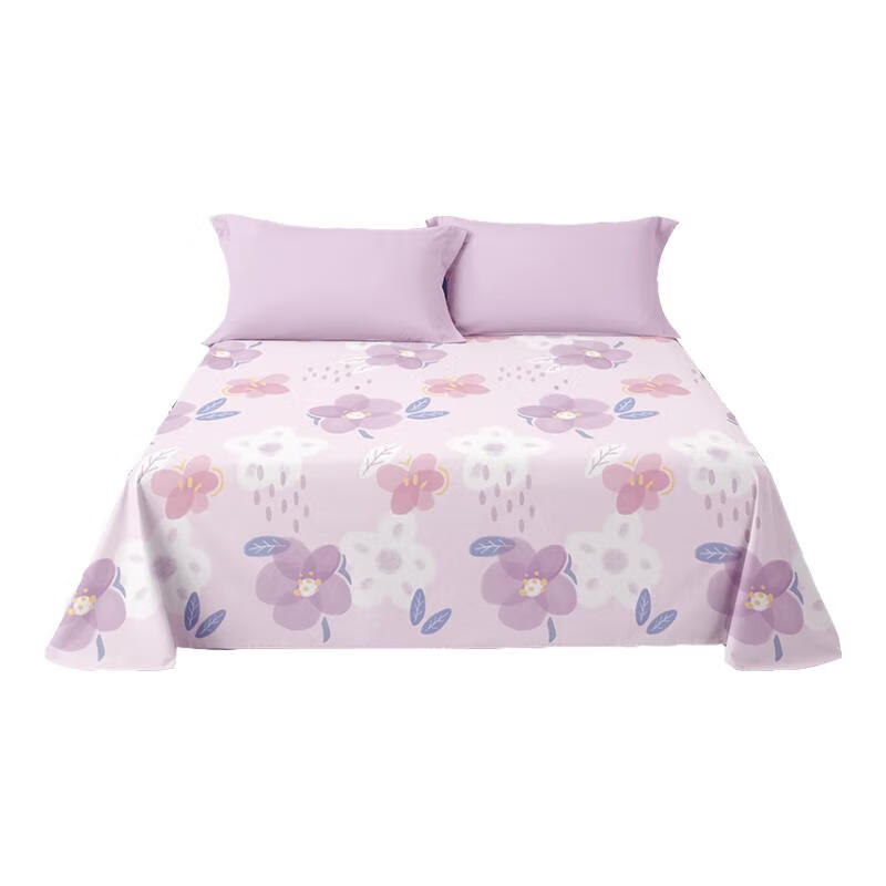 BEYOND Home Textiles Pure Cotton Bed Sheet with Printed Pattern, All-Cotton Bedspread, Single Piece Set, Floral Pattern (Purple), 160*230cm