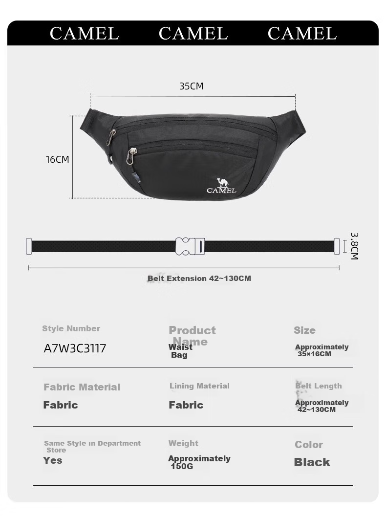 CAMEL Outdoor Multifunctional Sports Waist Pack, Fitness Small Bag, Running Phone Pouch, Waist Slingshot Bag A7W3C3117A Black 8