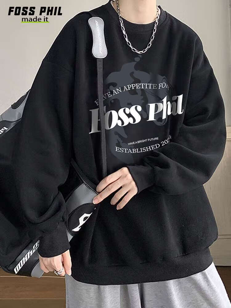 Foss Phil Men's Sweatshirt, Spring And Autumn Fashion Brand, Round Neck Printed Oversized Casual Long-Sleeve Undershirt, FPW1 Black L 7