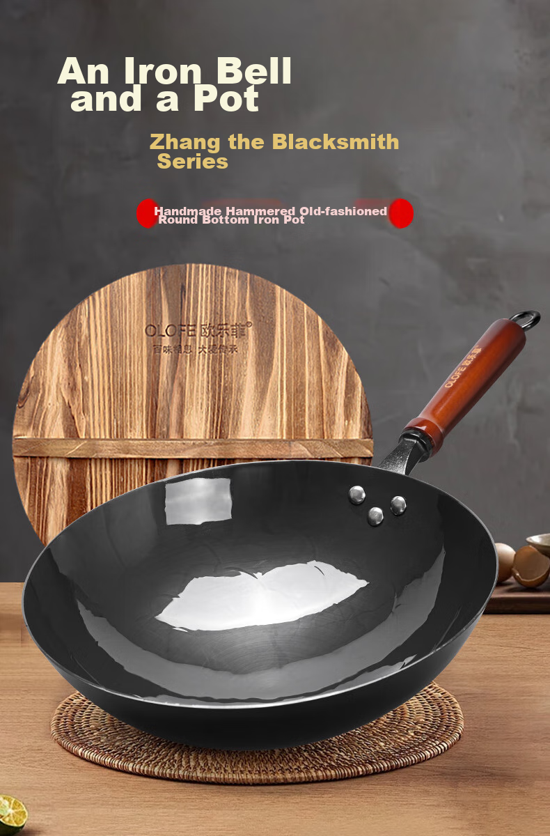 OLOFE Zhangqiu Black Iron Wok, Non-Coated, Lightweight, Round Bottom, Forged, Traditional Gas Stove, Large Stir-Fry Pan, Quiet Operation, 32cm 2