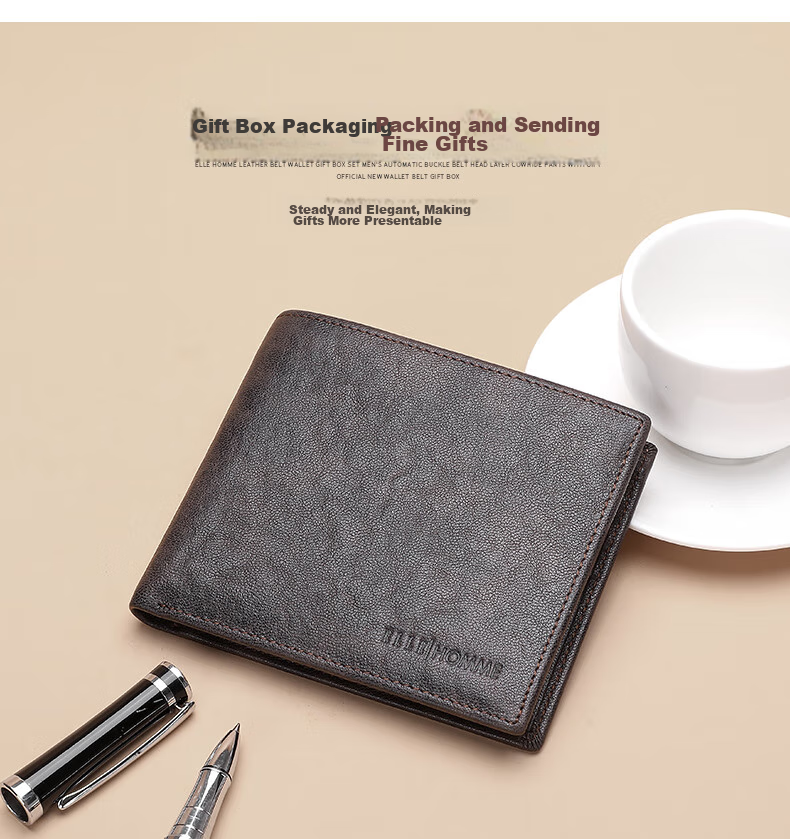 ELLE HOMME Men's Short Wallet, Top-Grain Leather Multifunctional Billfold, Two-Fold Money Clip 3720 Black, Birthday Gift for Me 2