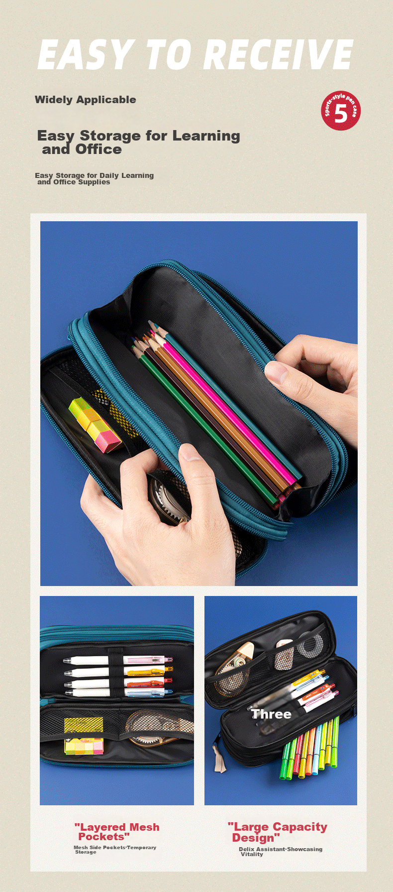 Deli Triple Zipper Pencil Case for Elementary School Students, Children's Large Capacity Multi-Purpose Stationery Box, Student Stationery Storage Bag, Red Back-To Stationery Gift 7