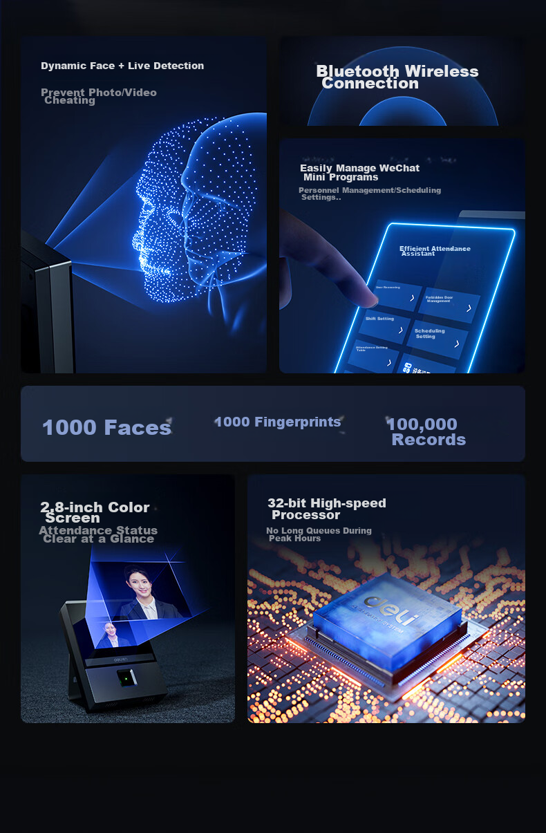 Deli Attendance Machine, Time Clock, Fingerprint And Facial Recognition All-In Device, Visible Light Dynamic Face Recognition, Liveness Detection, Bluetooth Connection, WeChat Mini Program Management AH200W 5