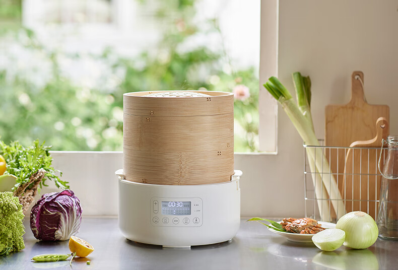 Olayks Steamer Bamboo And Wood Steaming Pot Electric Steamer Multi-Functional Breakfast Machine for Home Use Quick Heating No-Drip Timer Adjustable Temperature Upgrade Version 2-Layer 3
