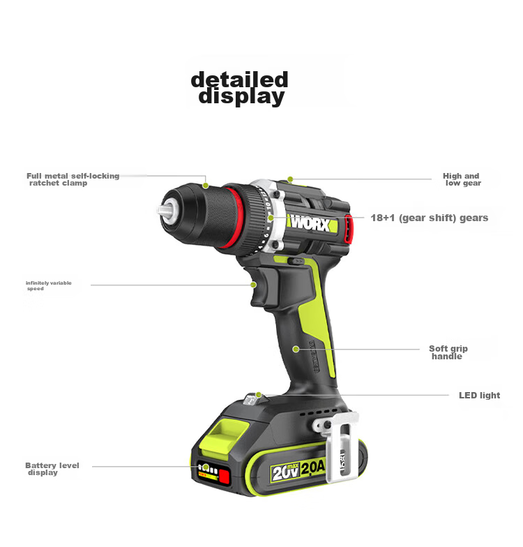 WORX 20V Brushless Electric Drill WU173 (2.0 Dual Battery), Lithium Battery Pistol Drill, Power Screwdriver, Multi-Functional Hole Puncher 13