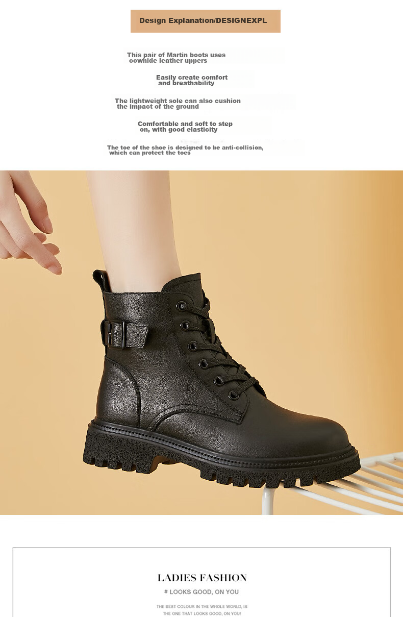 DAPHNE Martin Boots for Women, Cowhide Knight Ankle Boots, Slim Boots, Fleece-Lined Casual Leather Boots, Women's Boots, Black (Fleece Lining), Size 35 4