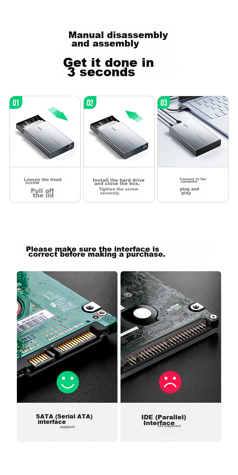 EAGET Type-C3.1 External Hard Drive Enclosure, 2.5/3.5 Inch, for Laptops And Desktops, SATA SSD/HDD Compatible, All-Aluminum Alloy, E351C 13