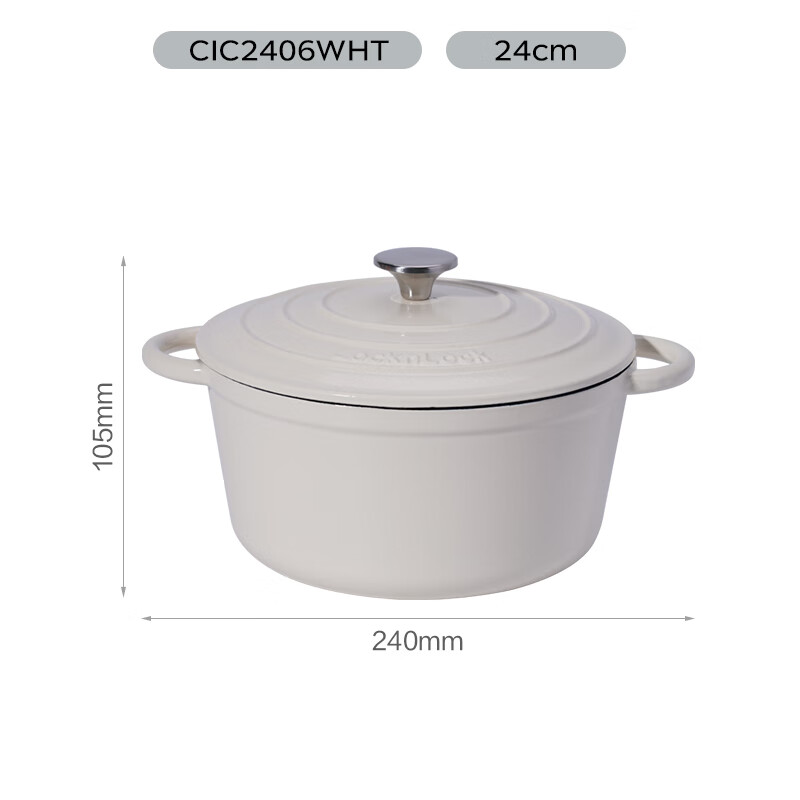 LOCK&LOCK Enamel Cast Iron Pot with Double Handles, Suitable for Soup, Stew, Milk, Cooking, Noodles, And Soup Making, Compatible with Induction Cooker And Gas Stove, White, 24cm