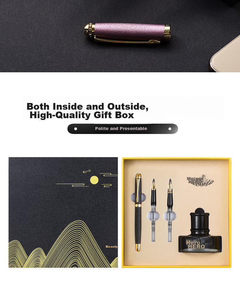HERO Fountain Pen 1520 Black Velvet Sand Multi-Color Fine Nib Iridium Gold Fountain Pen Signature Pen for Men And Women Office Gift Ink Gift Box Set 16