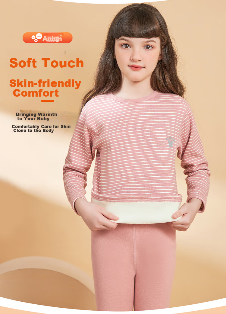 LangSha Children's Thermal Underwear Set, Girls' Autumn And Winter Yang Ion Fleece Pajamas, Home Wear, Girls' Autumn Top And Pants Set, Pink-Wide Stripes, 130 (Recommended Height 120-130cm) 8