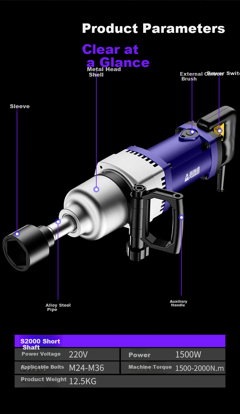 PUANGD Electric Wrench, High Torque, 220V, High Power, Household Electric Impact Wrench, Heavy-Duty Wrench, Railway And Auto Repair Electric Tool 8