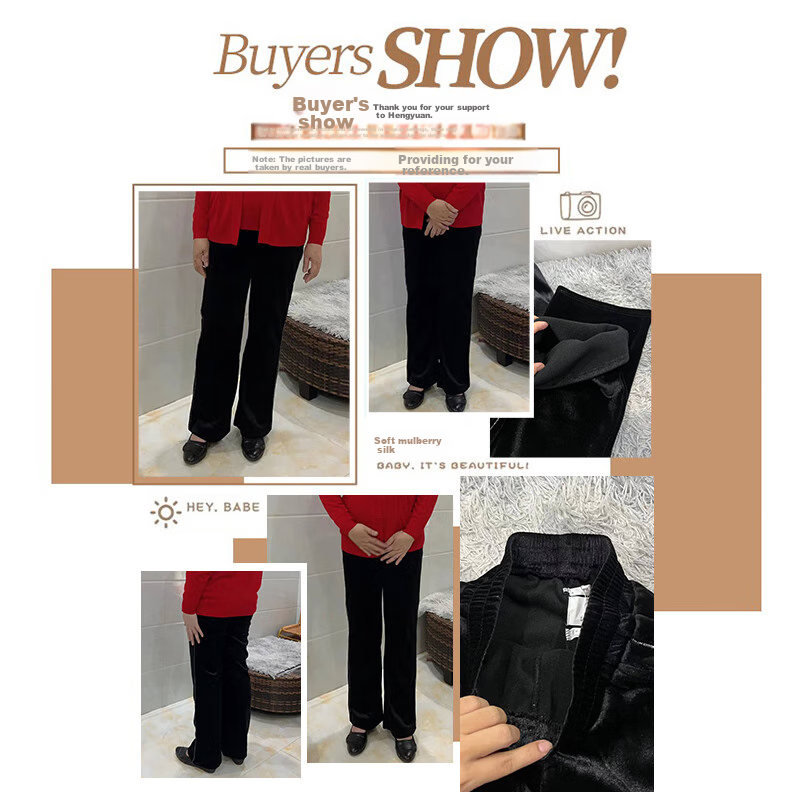 Hengyuanxiang Middle-Aged Mom's New Winter Fleece-Lined Pants, Thickened Loose Straight-Leg Casual Trousers, Grandma's Elastic High-Waist Pants 1