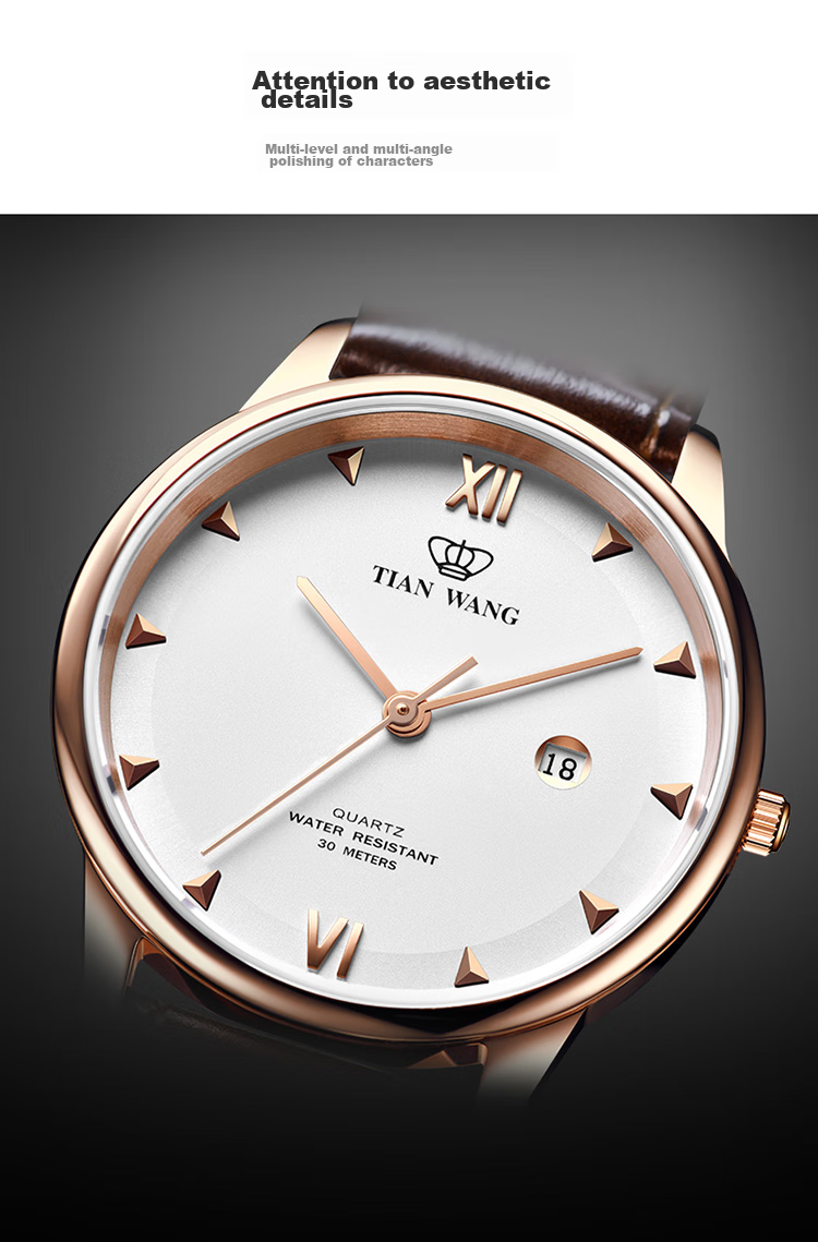 TIAN WANG Men's Watch, Birthday Gift Leather Strap Quartz Men's Watch Rose Gold GS31132P.D.LC.W 5