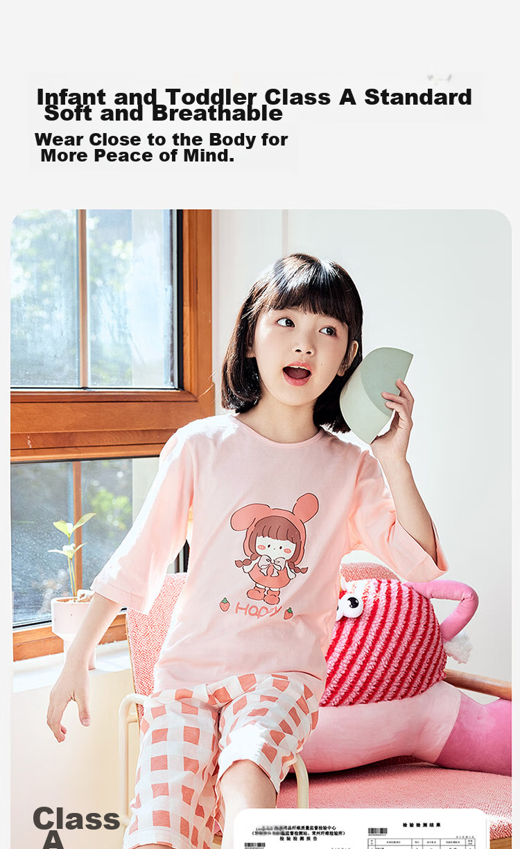 Dingguagua Children's Home Wear Set, Girls' Three-Quarter Sleeve Pajamas, Breathable Sleepwear for Older Children, Thin Summer Pure Cotton, Yellow, Size 150 7
