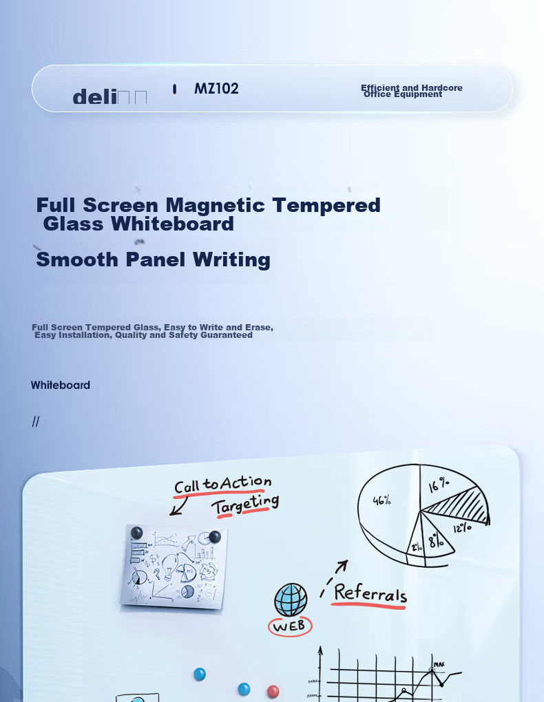 Deli Magnetic Whiteboard 150*90cm, Full-Screen Magnetic Tempered Glass Hanging Whiteboard for Office Meetings And Writing, Includes Whiteboard Eraser, Whiteboard Markers, And Magnetic Pins MZ102 1