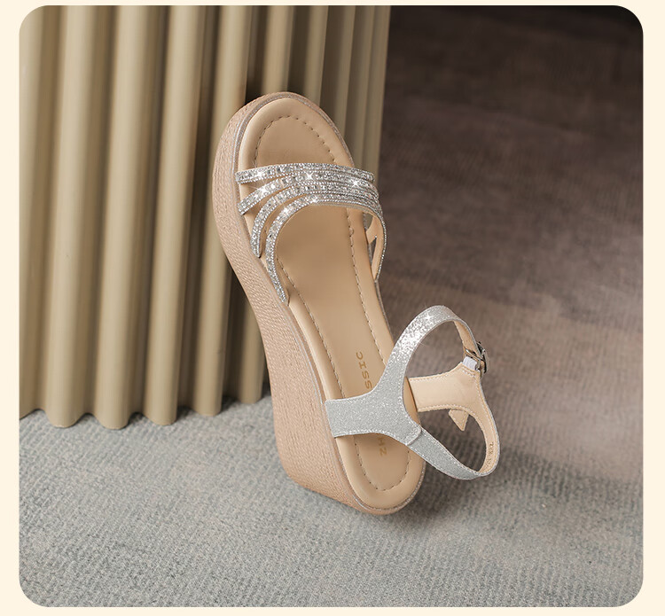 ZHR Women's Shoes, Summer Wedge Versatile Sandals, Fashionable Rhinestone Platform Slimming Beach Shoes for Women, AY161, Apricot Color, Size 35 26