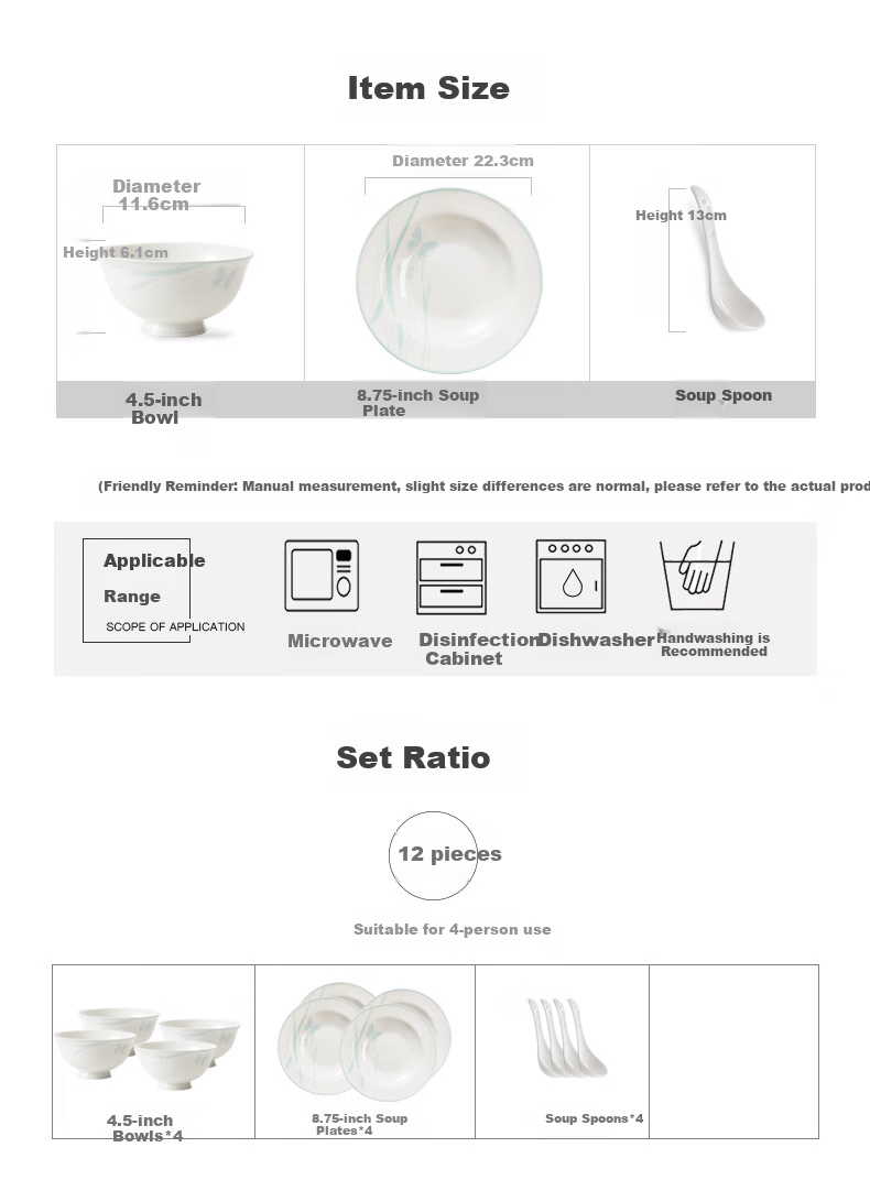 HG Guoci Porcelain Dinnerware Set, High-End Bone China Tableware with Glaze Painting, Morandi Style, 12-Piece Set for 4 People 7