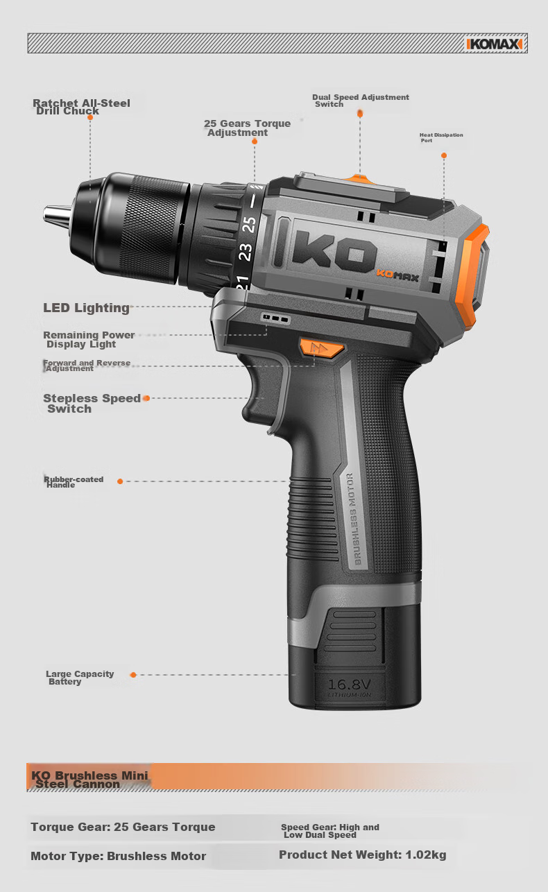 KOMAX Electric Drill, Cordless Screwdriver, Lithium Battery Drill, Household Rechargeable Screwdriver Machine, Electric Tool Box Set 26