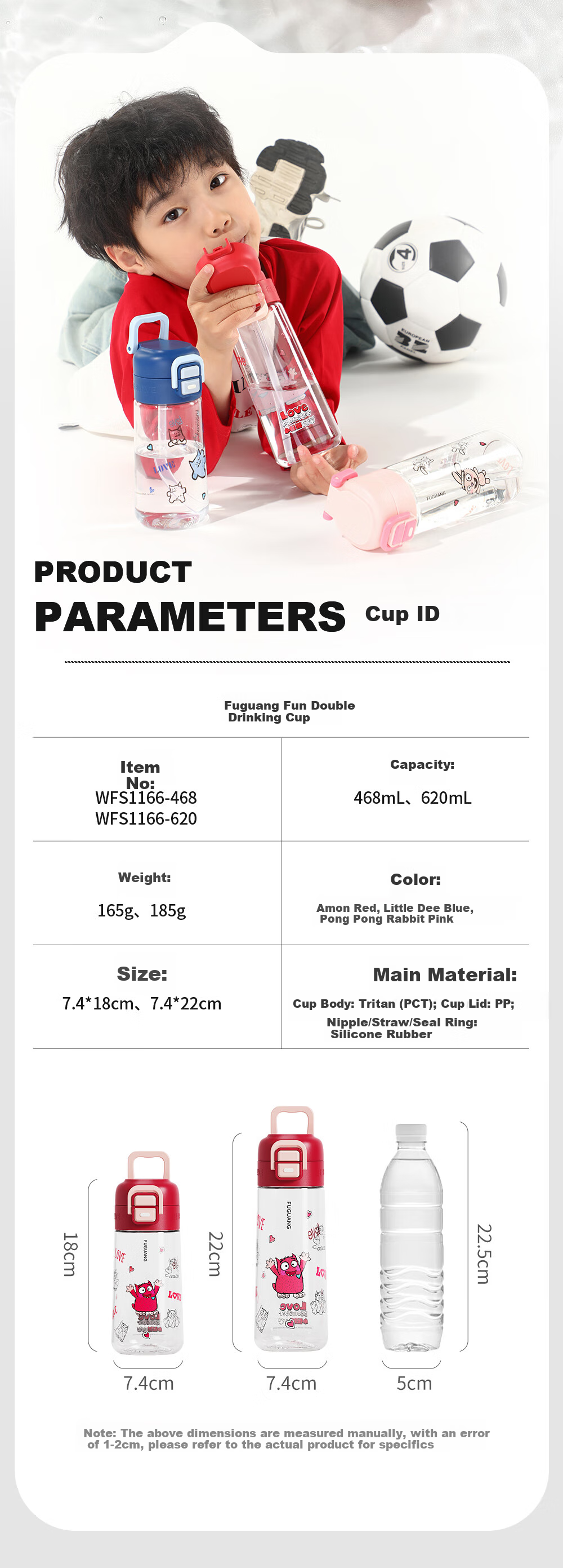 Fuguang Children's Water Bottle, Tritan Student Straw Cup, Portable, for Boys And Girls, Summer Use, Heat-Resistant, Shatterproof Plastic Cup, 468ml 17