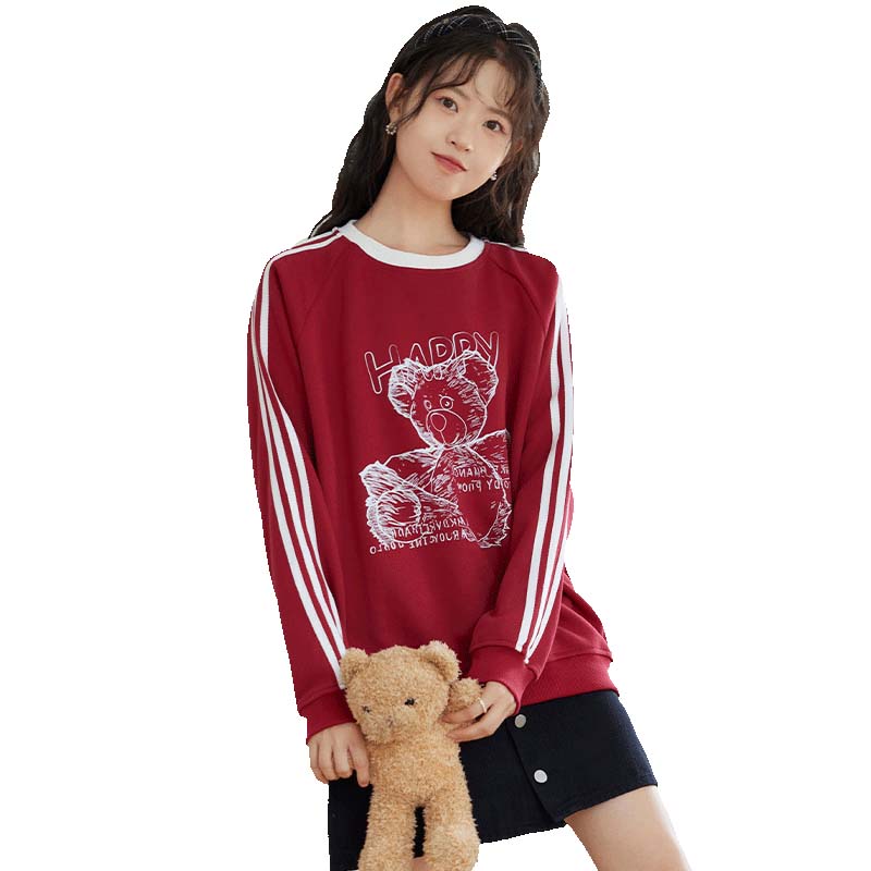 Halo Queen Women's Sweatshirt, Spring And Autumn Round Neck Bear Design, New Year Outfit, Loose-Fitting Jacket, Zodiac Year Red Product H143W1013