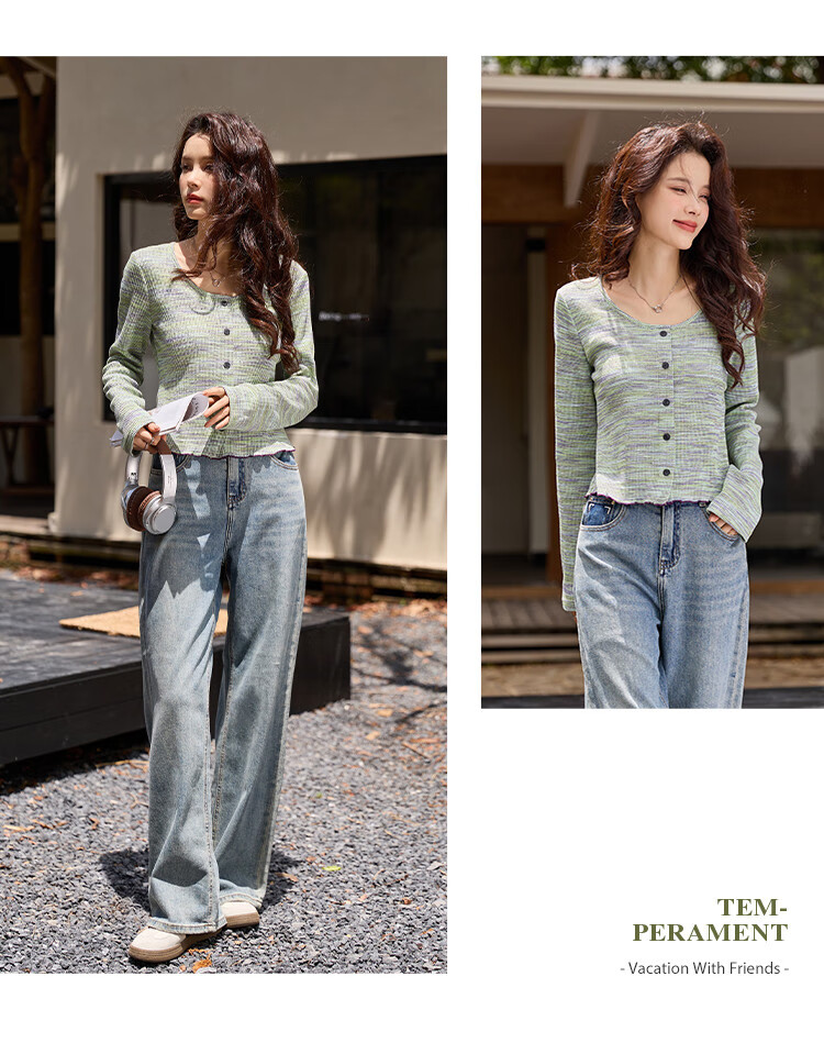 Dme Autumn Artistic Gradient Vintage Round Neck Ruffled Edge Elegant Women's T-Shirt with Moisturizing Cloud Cotton 7