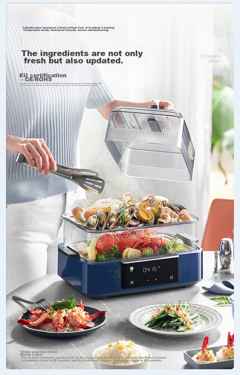 Morphyrichards Electric Steamer Pot for Home Use, Suitable for 3-4 People, All-In Large Capacity Stainless Steel Steaming Rack, Programmable Rapid Steaming Pot, Steaming And Stewing Pot, Egg Steamer, Corn Steamer, Breakfast Machine MR1158 Blue 4