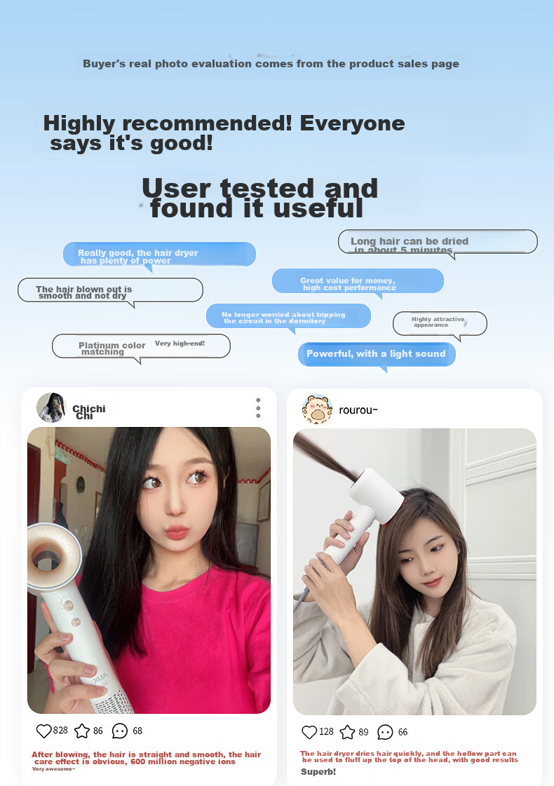 AUX High-Speed Hair Dryer, 800W, Low Power for Dormitory Use, Essential for College Students, Hair Protection with Negative Ions, 1200W Or Less, Bladeless, Powerful Airflow, Quick-Drying Electric Hair Dryer 1