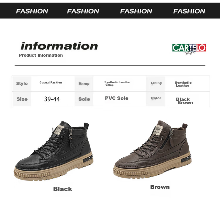 CARTELO Men's Shoes, Spring 2026 Popular High-Top Casual Leather Shoes, Thick-Soled Work Boots for Men, Black, Size 43 3
