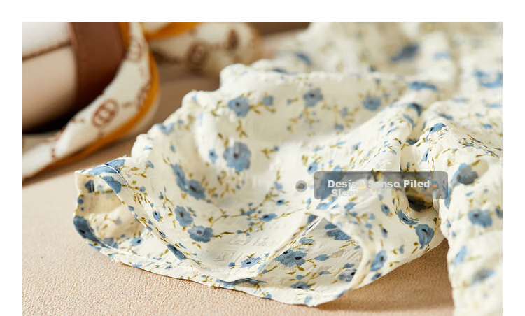 Sentubila Summer French Floral Print Dress, Puff Sleeve Tea Break Dress, Elegant Goddess Style Skirt, Apricot Base with Blue Flowers, M Size 22