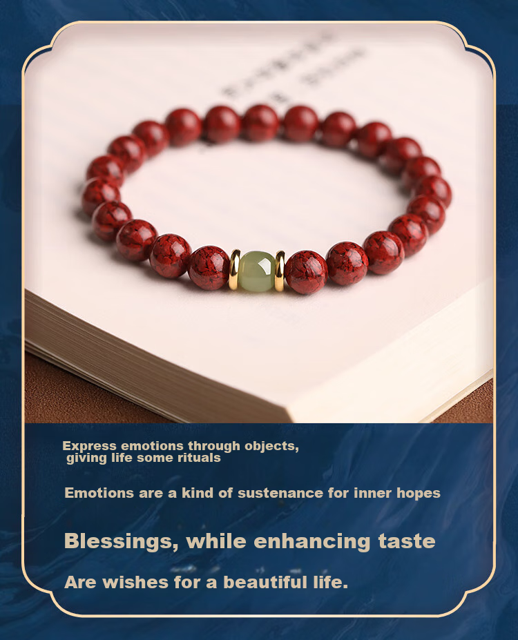 Doukou Shiguang Original Ore Translucent Crystal Cinnabar Bracelet, High-Content Zodiac Year Hetian Jade Fortune-Turning Bead Bracelet for Men And Women, 6mm 11