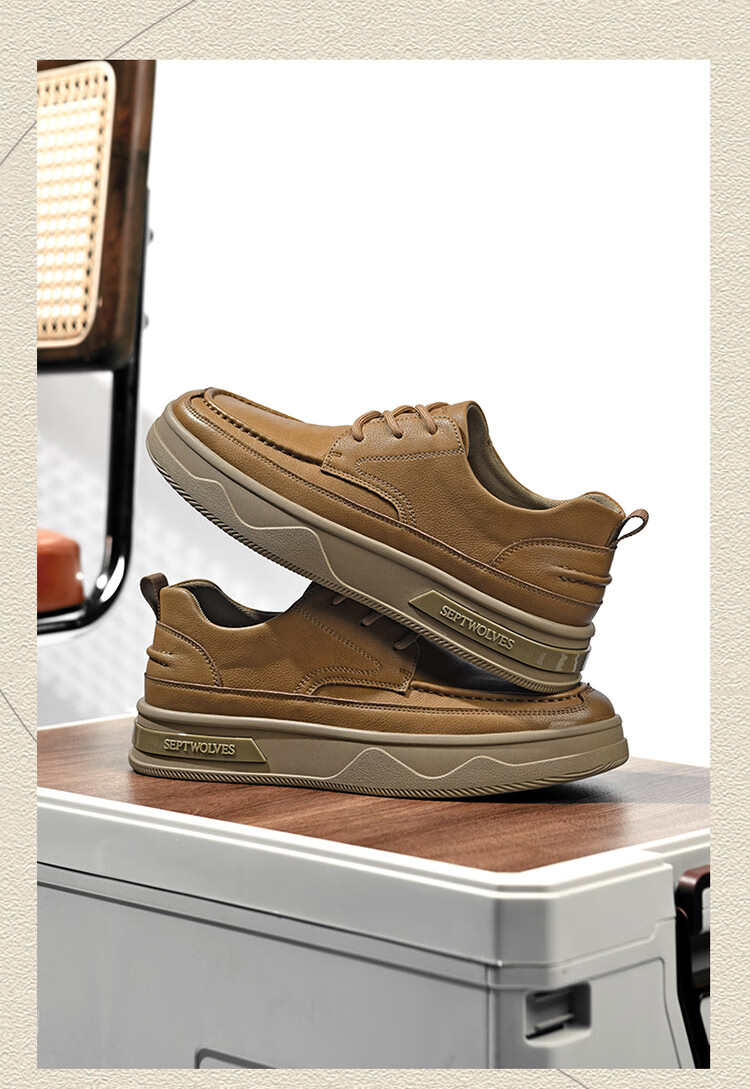 SEPTWOLVES Men's Shoes, Retro Leather Shoes, Soft-Soled Casual Shoes, Men's Lace-Up Formal Shoes W8343660718, Khaki, Size 40 8