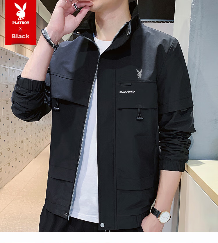 PLAYBOY Men's Jacket, Spring And Autumn Casual Workwear Trendy Outerwear, Black - 4XL 19