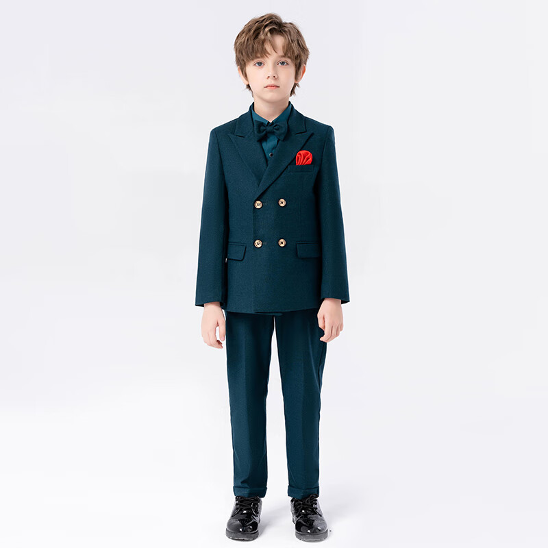 LUOBOBEIBEI Boys' Suit Set Children's Formal Wedding Flower Boy Blazer New Year Performance Outfit Dark Green Five-Piece Set Size 160