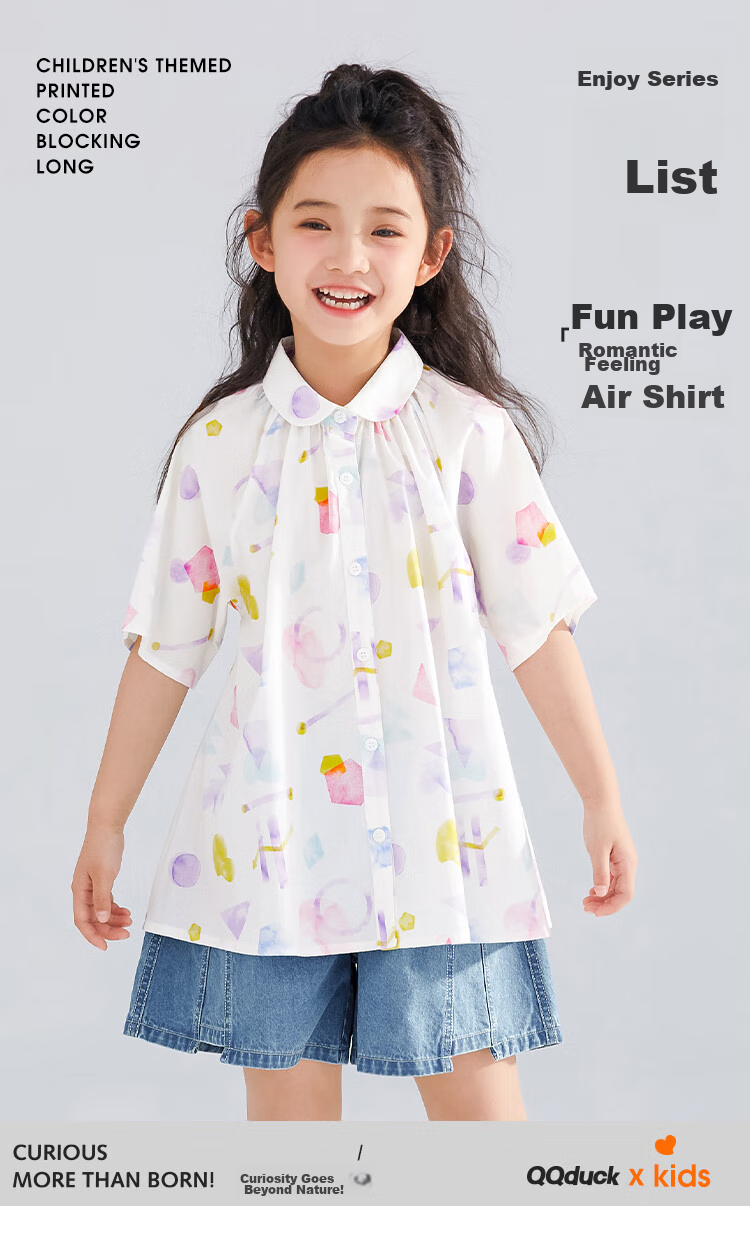 QQ DUCK Girls' Shirt Summer Children's Cute Lapel Short-Sleeve Youth Clothing Graffiti White; 140 1