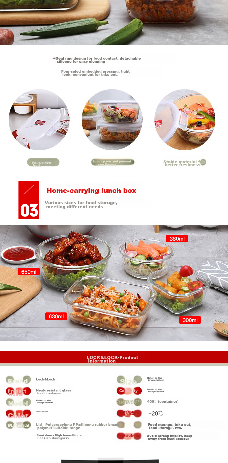 LOCK&LOCK Heat-Resistant Glass Food Storage Container, Large Capacity Lunch Box, Noodle Bowl, Sealed Bento Box, Meal Container, Refrigerator Storage Box, 950ML 3