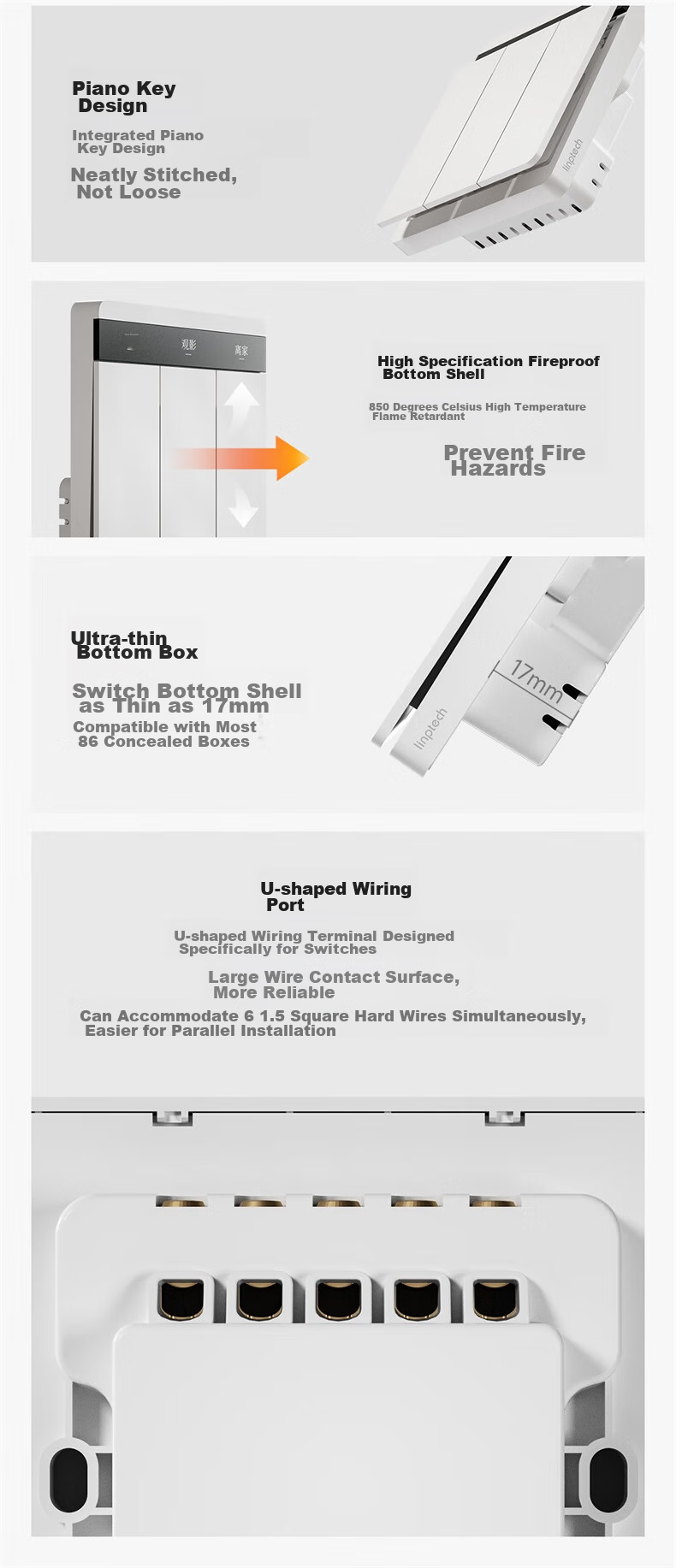 Linptech Smart Screen Switch E2 Lite Customizable Button Names Integrated with Mijia APP Zero Fire Three-Button White 14