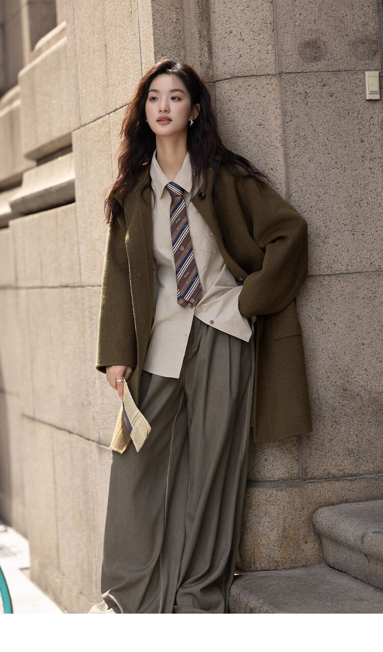 Demana College Style Winter Hooded Long Sleeve Mid-Length Wool Coat with Front Pockets and Open Placket 19