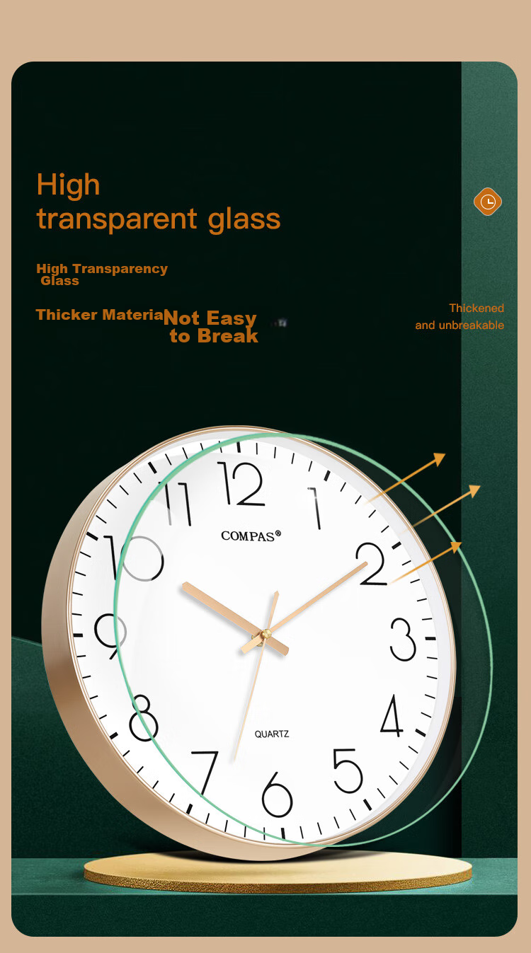 Compas Wall Clock for Living Room, Simple Quartz Clock, Bedroom Wall Clock, C3219B Light Luxury Gold, 35cm 5