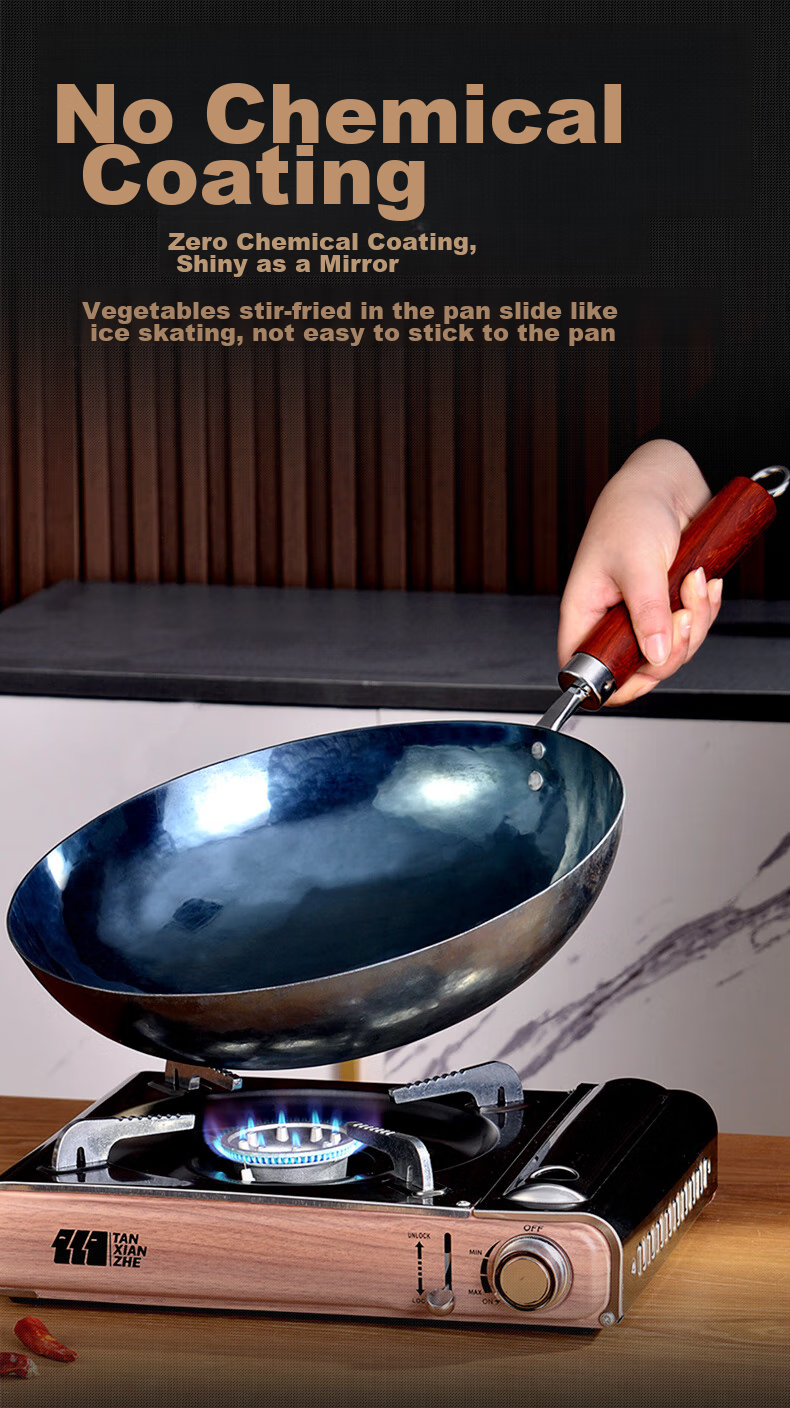 Laoniejia Sanwanliuqian Non-Stick Wok, Zhangqiu Iron Wok, Tongjian Three Brands, Household Handmade Traditional Wooden Handle Iron Pot, 32cm 14