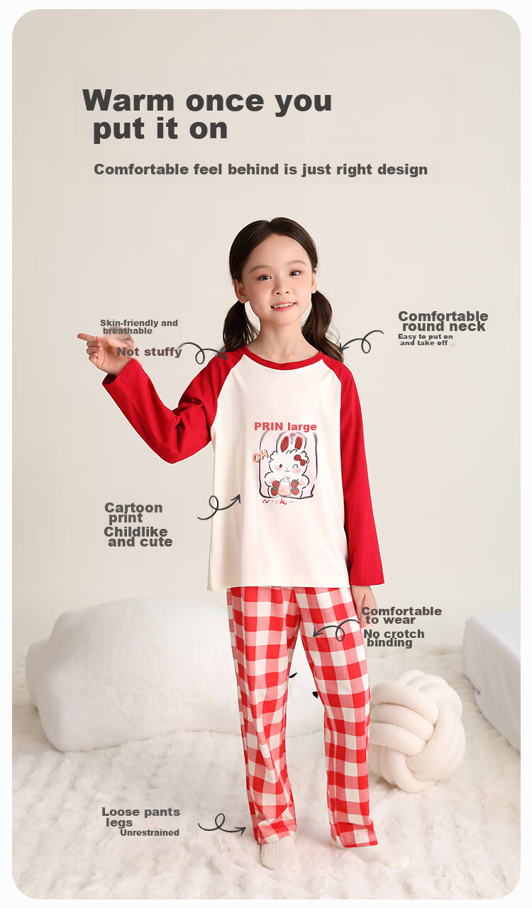 YUZHAOLIN Girls' Pajamas Spring Pure Cotton Children's Home Wear Set for Older Kids Simple Plaid Patter 6