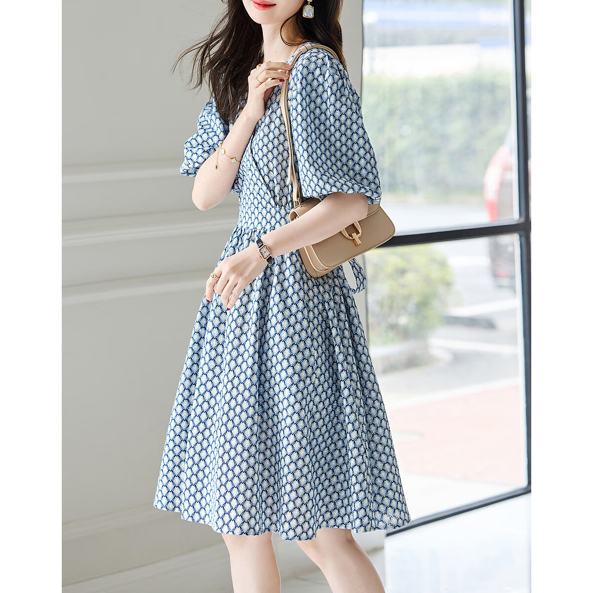 Demana French V-Neck Pure Cotton Floral Print Waist-Cinching Tie Geometric Dress, Blue, XL