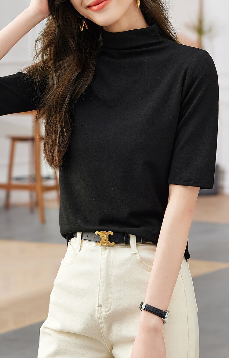 Dme [High-Elastic Simple Mid-Sleeve Base Shirt], Autumn Stand-Up Collar Slim-Fit Women's T-Shirt 23
