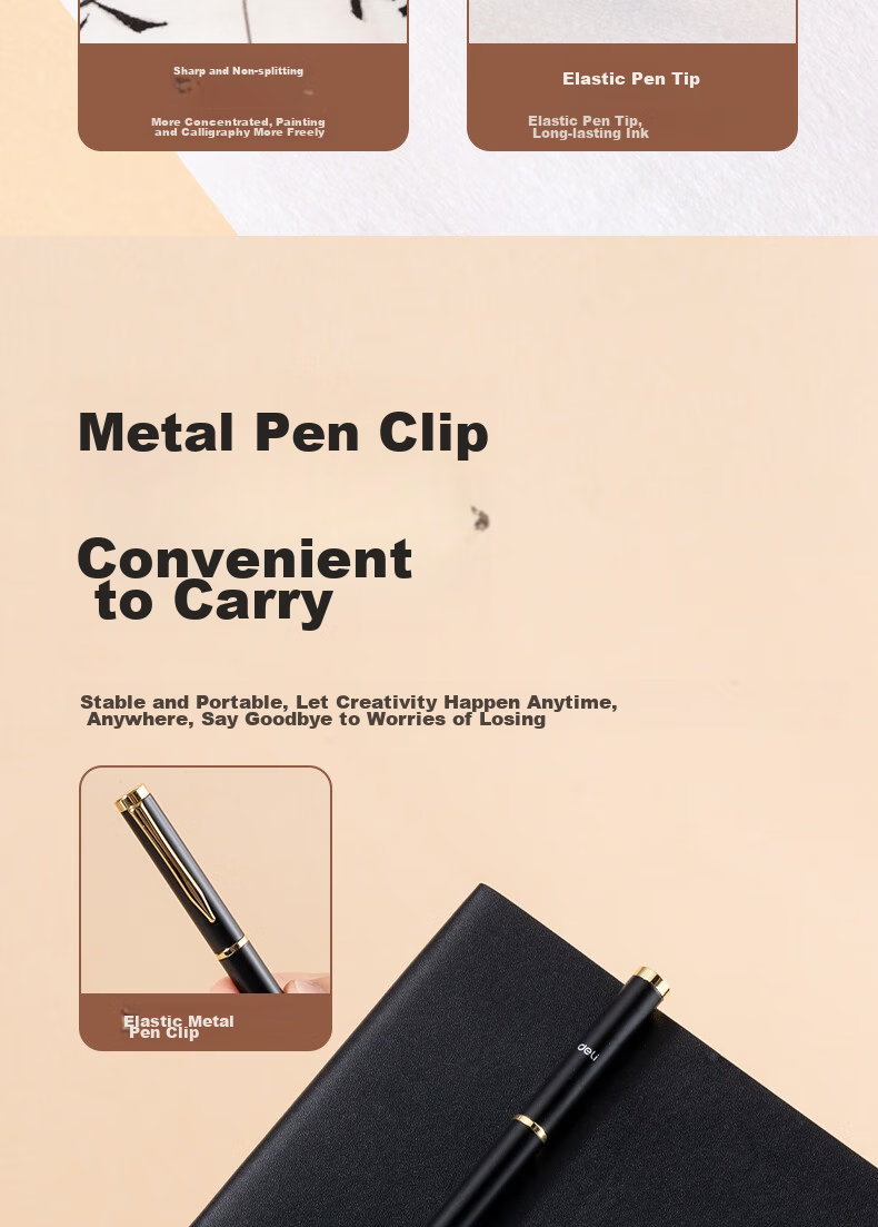 Deli Fountain Pen-Style Brush Pen, Soft Calligraphy Practice Pen for Small Regular Script, Refillable Ink, Adult Beginner Student Calligraphy Copybook Practice Pen with Soft Wolf Hair Tip, Portable Sutra Writing Pen for Business, Black And Gold 6