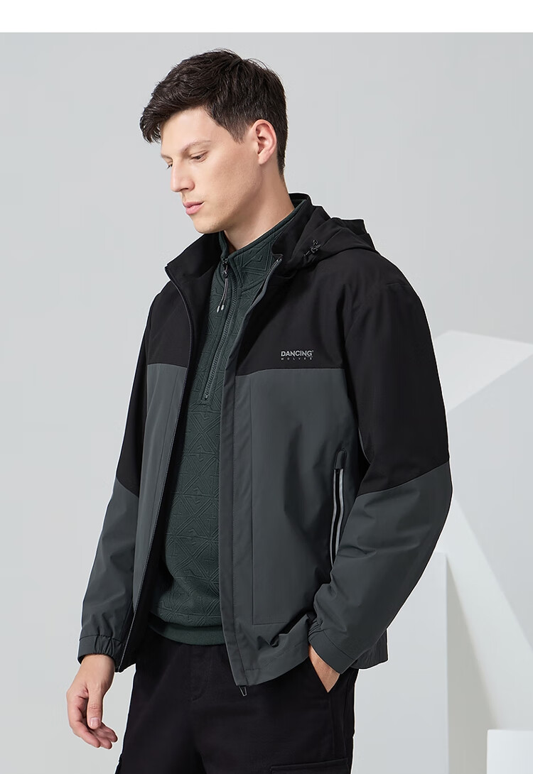 DANCING WOLVES [Three-Proof] Autumn Winter Urban Lightweight Outdoor Versatile Men's Hooded Jacket 211 Gray Green 170 2
