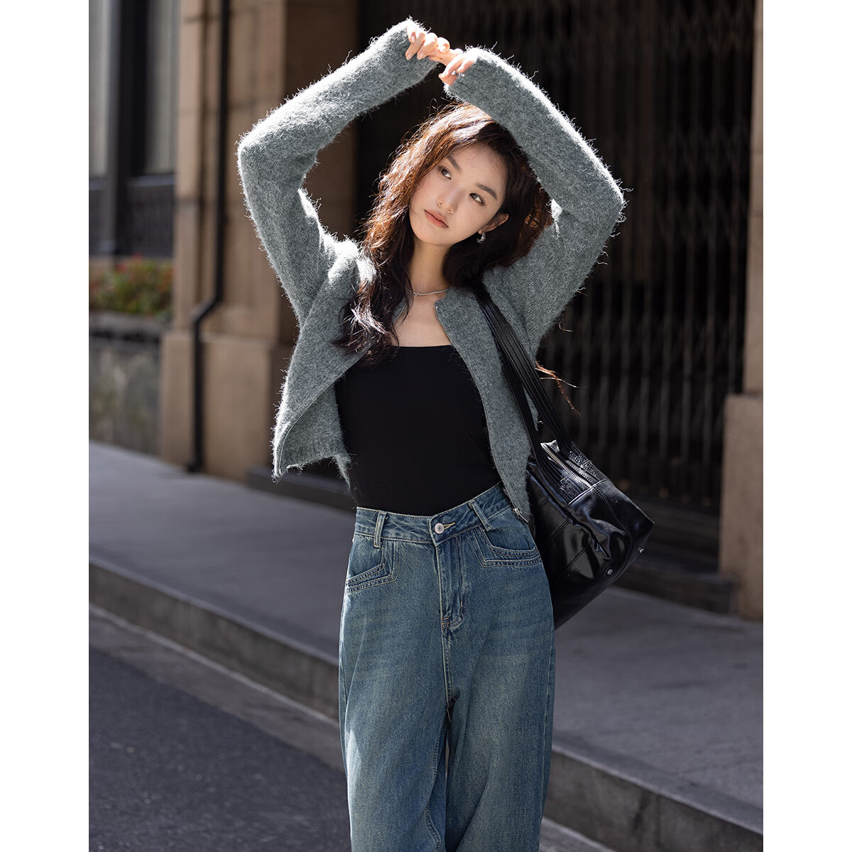 Dme [Gray Plush Knit Jacket] Autumn Round Neck Opening Placket Zipper Design Long-Sleeve Knit Sweater, Gray, S
