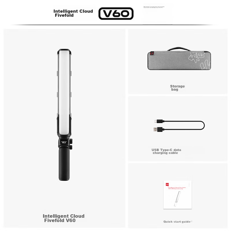 Zhiyun Five-Fold 100W Professional Fill Light Ice Light, Dual Color Temperature Double Heat Dissipation Handheld Portable Portrait Live Streaming Fill Light V60 Lightweight Black